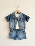 Nakışlı Denim Ceket & Şort Erkek Bebek 
Üçlü Takım