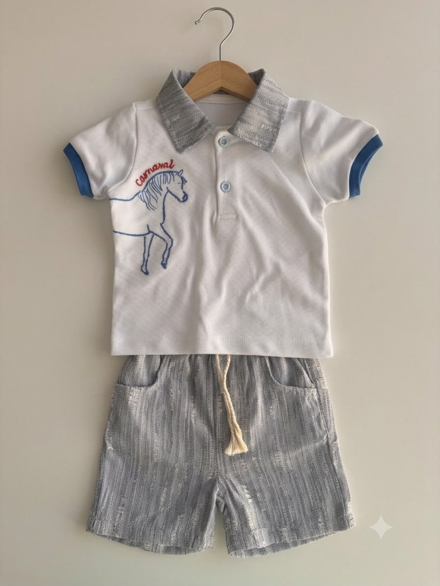 At Nakışlı Polo Yaka Tişört & Çizgili 
Dokuma Şort Erkek Bebek İkili Takım