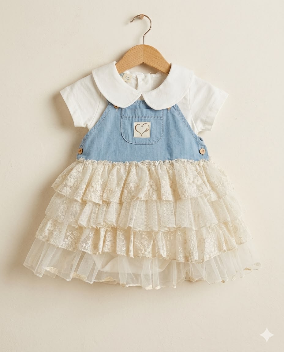 Denim & Dantel Fırfırlı Kız Bebek Elbise Takımı