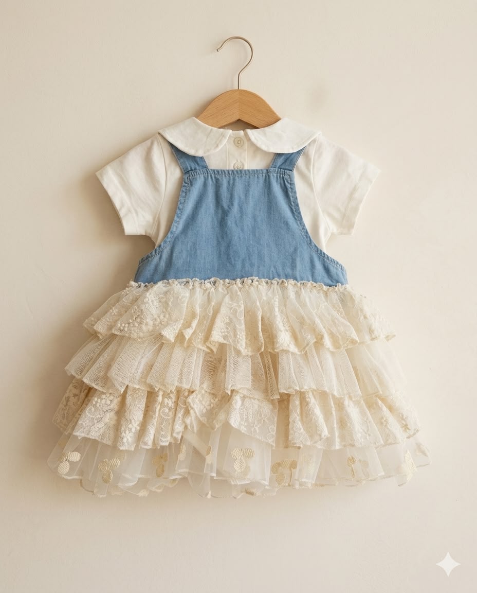 Denim & Dantel Fırfırlı Kız Bebek Elbise Takımı