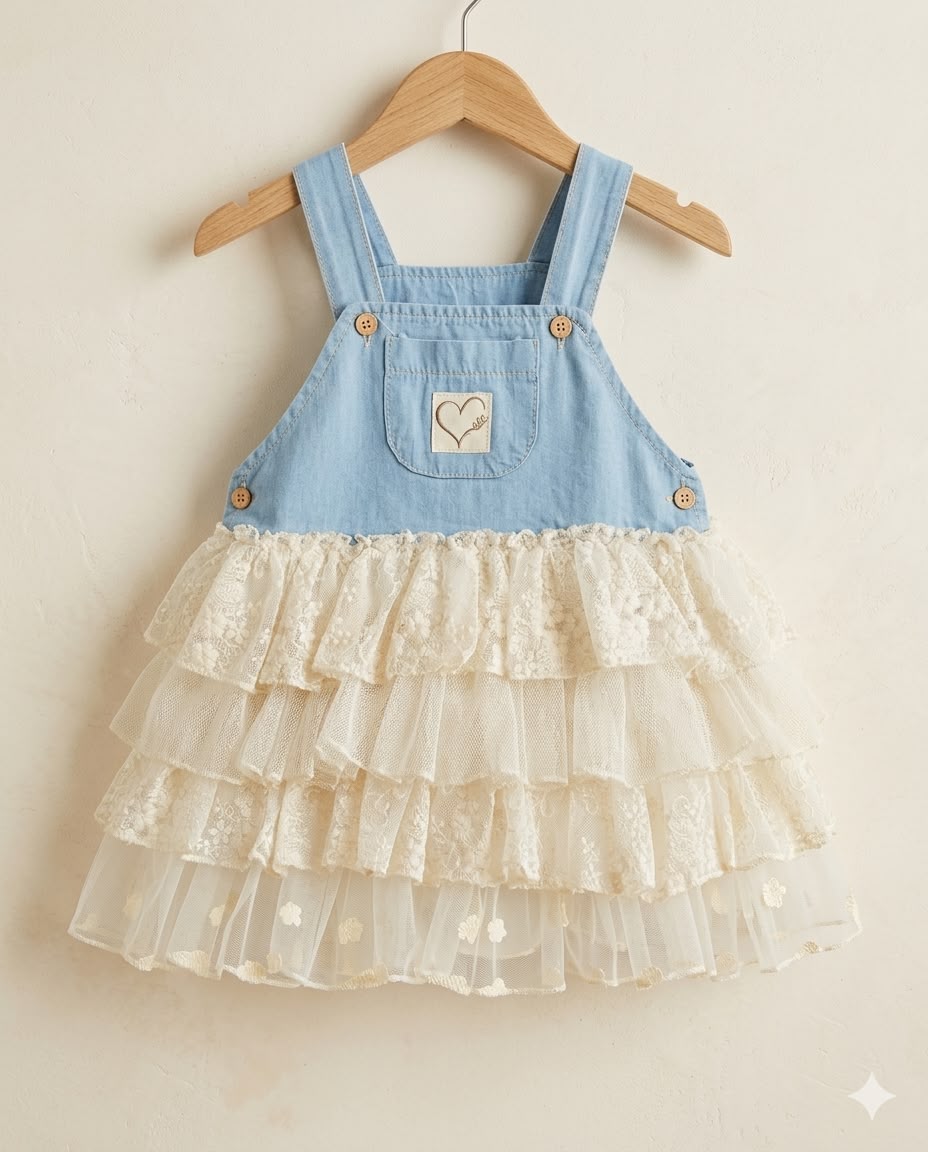 Denim & Dantel Fırfırlı Kız Bebek Elbise Takımı