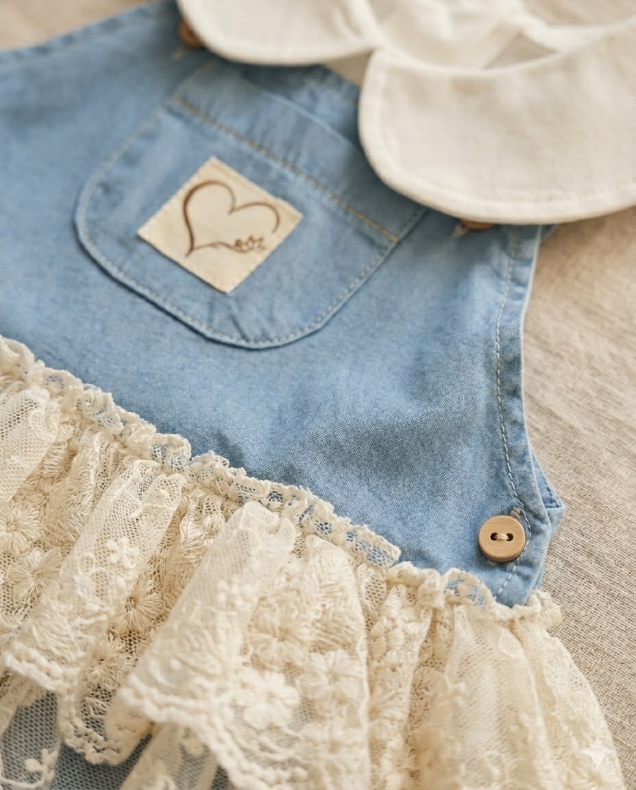 Denim & Dantel Fırfırlı Kız Bebek Elbise Takımı