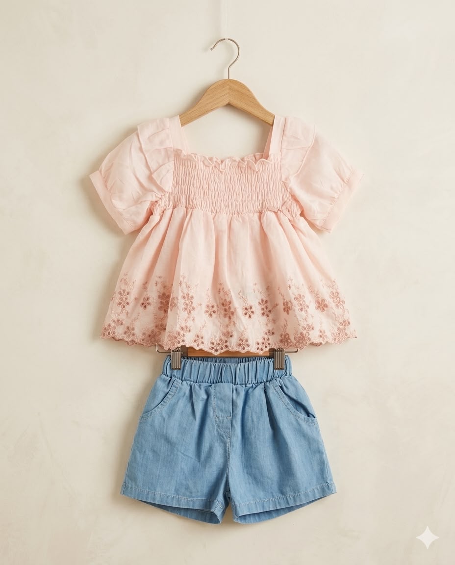 Nakışlı Pembe Bluz & Denim Şort Kız Çocuk Yaz Takımı
