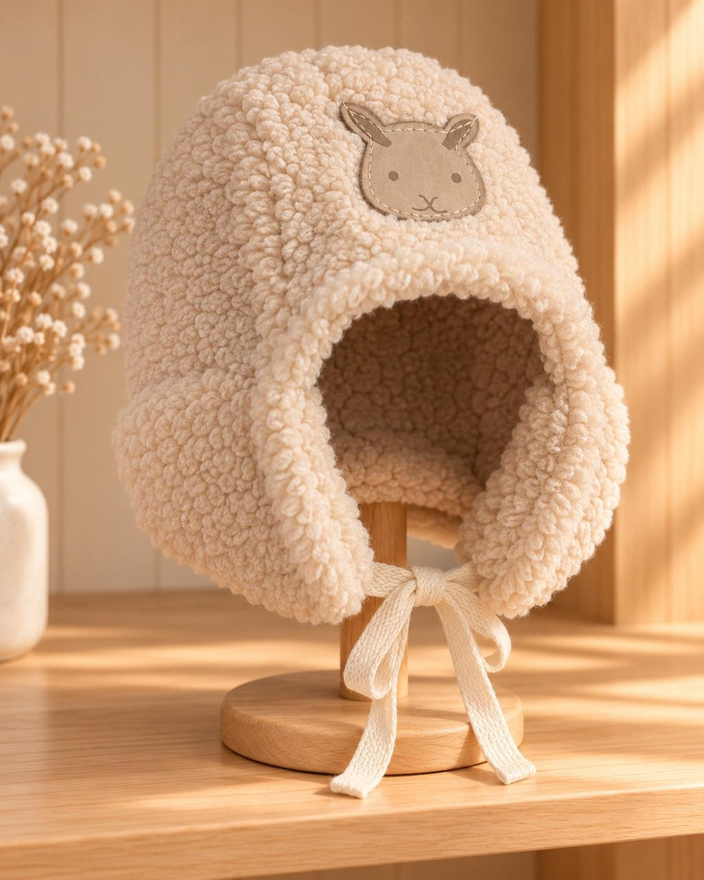 Tavşan aplikeli bağcıklı peluş bebek beresi
