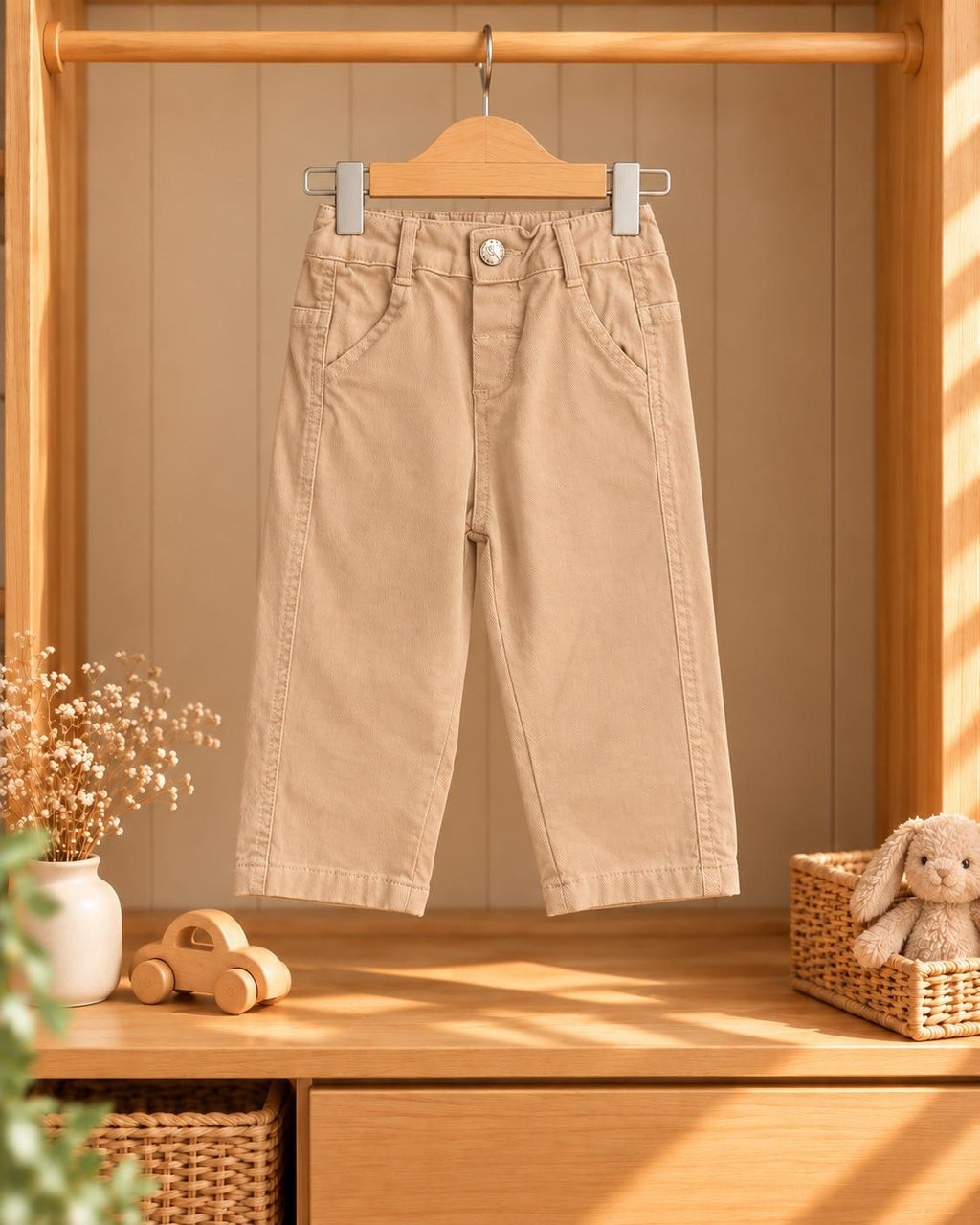 Beli lastikli bej bebek pantolon