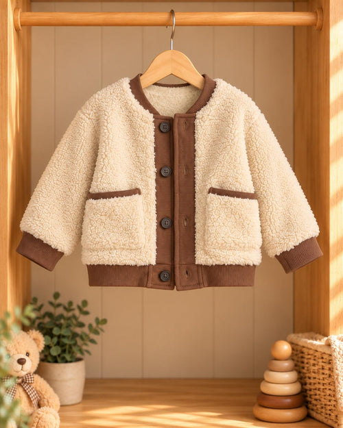 Kahverengi ribana garnili krem peluş bebek ceketi