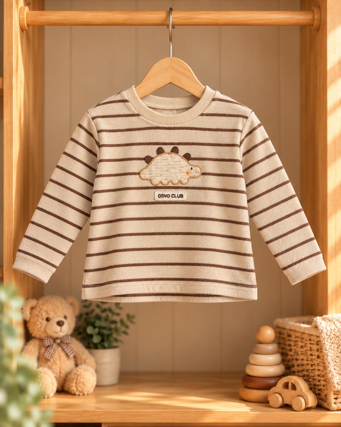 Dino Club dinozor aplikeli bej-kahverengi çizgili bebek sweatshirt