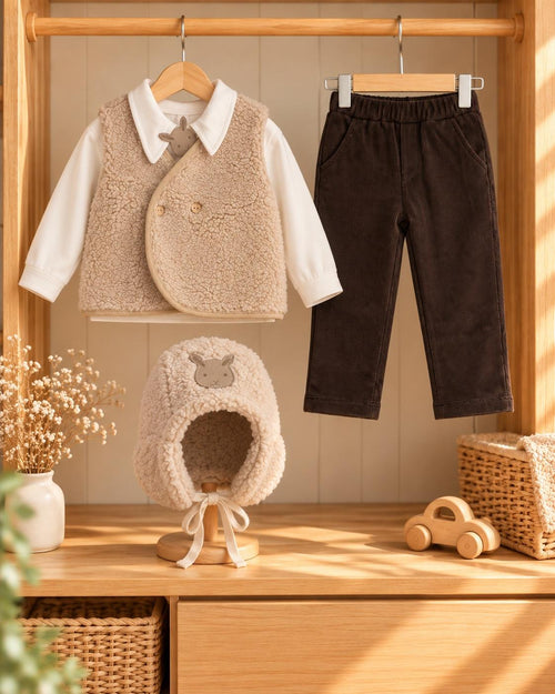 Erkek bebek peluş yelek, tavşan aplikeli bere, yakalı tişört ve kahverengi pantolon 4'lü takım